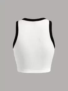 SHEIN EZwear 大碼蝴蝶和字母圖案撞色滾邊短款背心 - 白色 - 查看 2