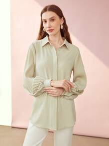 MOTF PREMIUM PLISSE-SLEEVE BLOUSE - Beige - View 5