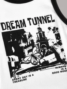 SHEIN EZwear 大碼蝴蝶和字母圖案撞色滾邊短款背心 - 白色 - 查看 3