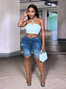 SHEIN SXY Ripped Raw Hem Denim Shorts - Dark Wash - View 2