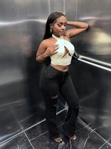 SHEIN SXY 破洞牛仔喇叭褲