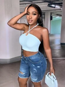 SHEIN SXY Ripped Raw Hem Denim Shorts - Dark Wash - View 4