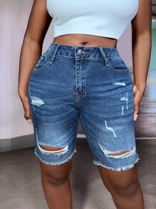 SHEIN SXY Ripped Raw Hem Denim Shorts - Dark Wash - View 7
