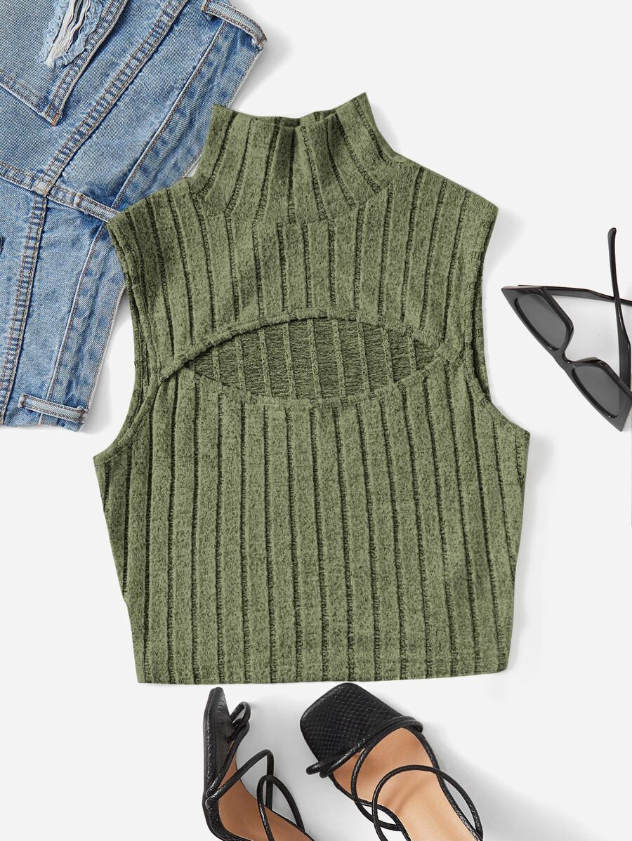 Muchica Áo khoác và áo lót dành cho xe tăng nữ Cắt ra Gân đan màu trơn Giải trí - xanh quân đội - Xem 1