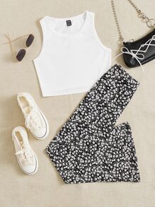 SHEIN EZwear Bộ đồ hai mảnh nữ Họa tiết hoa Giải trí - Đen và trắng - Xem 1