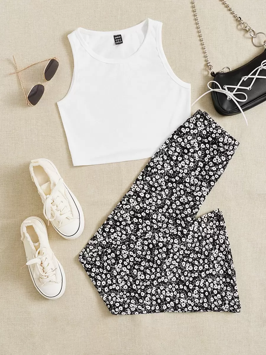 SHEIN EZwear Bộ đồ hai mảnh nữ Họa tiết hoa Giải trí - Đen và trắng - Xem 1