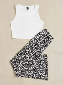 SHEIN EZwear Bộ đồ hai mảnh nữ Họa tiết hoa Giải trí - Đen và trắng - Xem 3