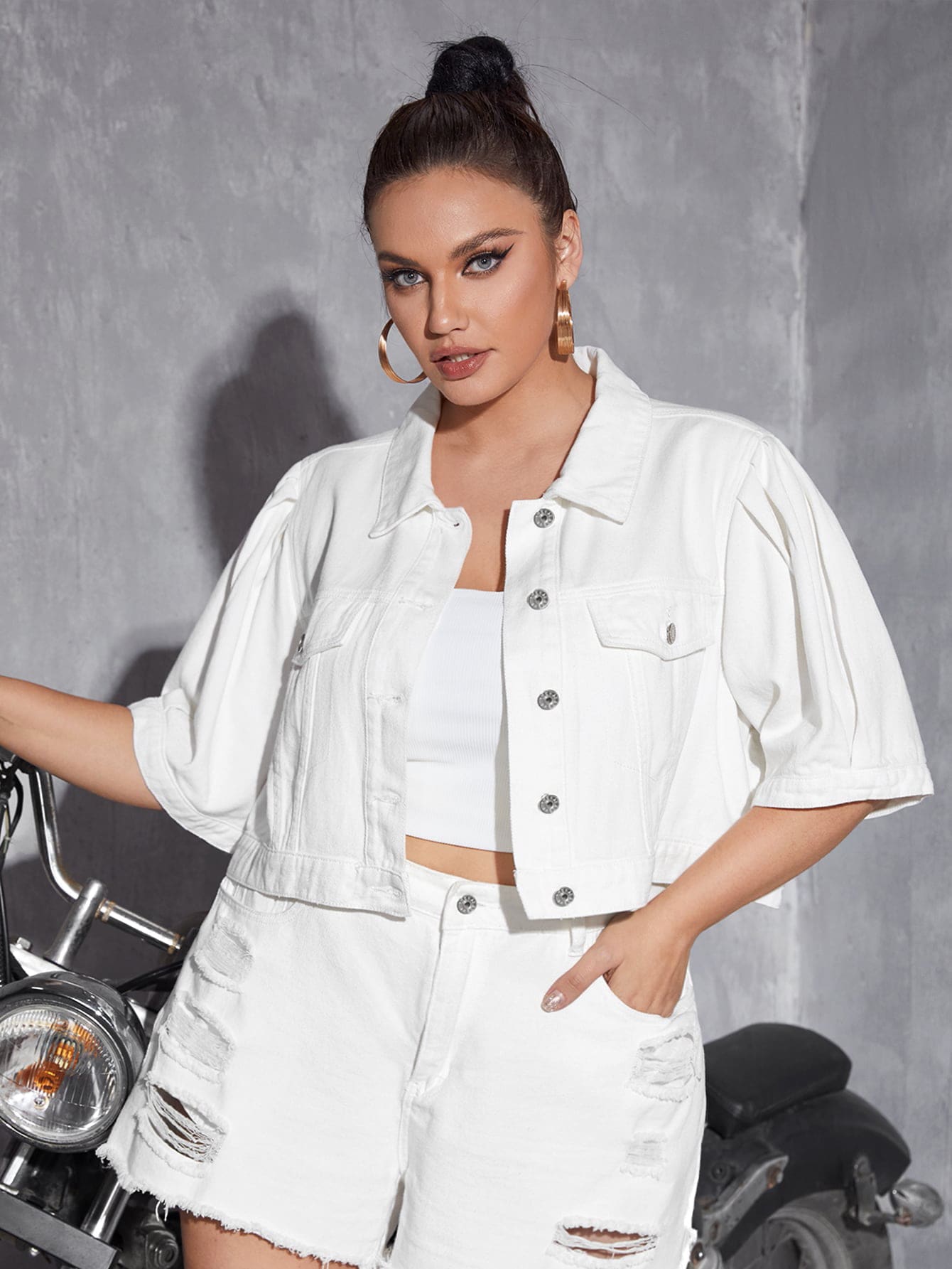 SHEIN Essnce Plus Flap Detail Puff Sleeve Crop Denim Jacket - White - View 1