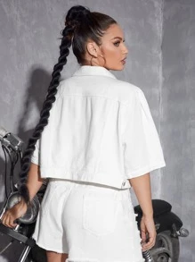 SHEIN Essnce Plus Flap Detail Puff Sleeve Crop Denim Jacket - White - View 2