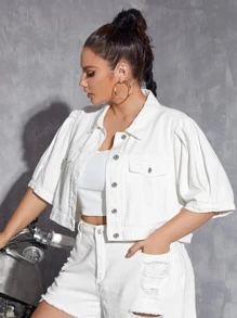 SHEIN Essnce Plus Flap Detail Puff Sleeve Crop Denim Jacket - White - View 3