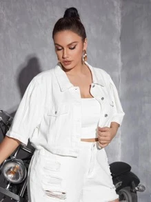 SHEIN Essnce Plus Flap Detail Puff Sleeve Crop Denim Jacket - White - View 4