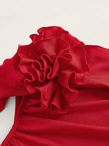 SHEIN ICON 3D Rosette One Shoulder Ruffle Trim Ruched Crop Red Top