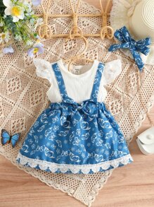 Baby Floral & Butterfly Print Ruffle Trim Bow Front 2 In 1 Dress & Headband - Blue and White - View 1