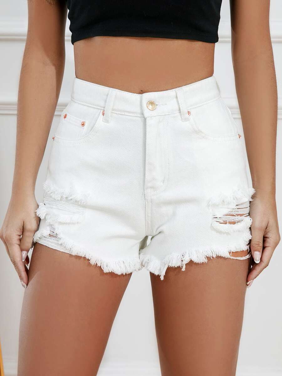 SHEIN Essnce Ripped Raw Hem Denim Shorts - White - View 1