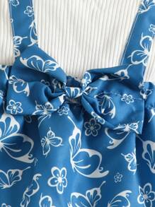 Baby Floral & Butterfly Print Ruffle Trim Bow Front 2 In 1 Dress & Headband - Blue and White - View 5