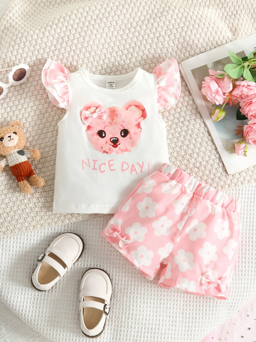 Bebé Shorts con camiseta con estampado de dibujos animados ribete con fruncido - Multicolor - Ver 1