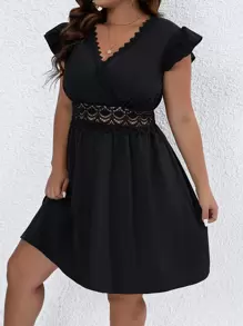 SHEIN Franclia Plus Contrast Lace Ruffle Trim Dress - Black - View 5