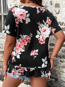 SHEIN LUNE Camiseta con estampado floral de cuello V - Negro - Ver 2