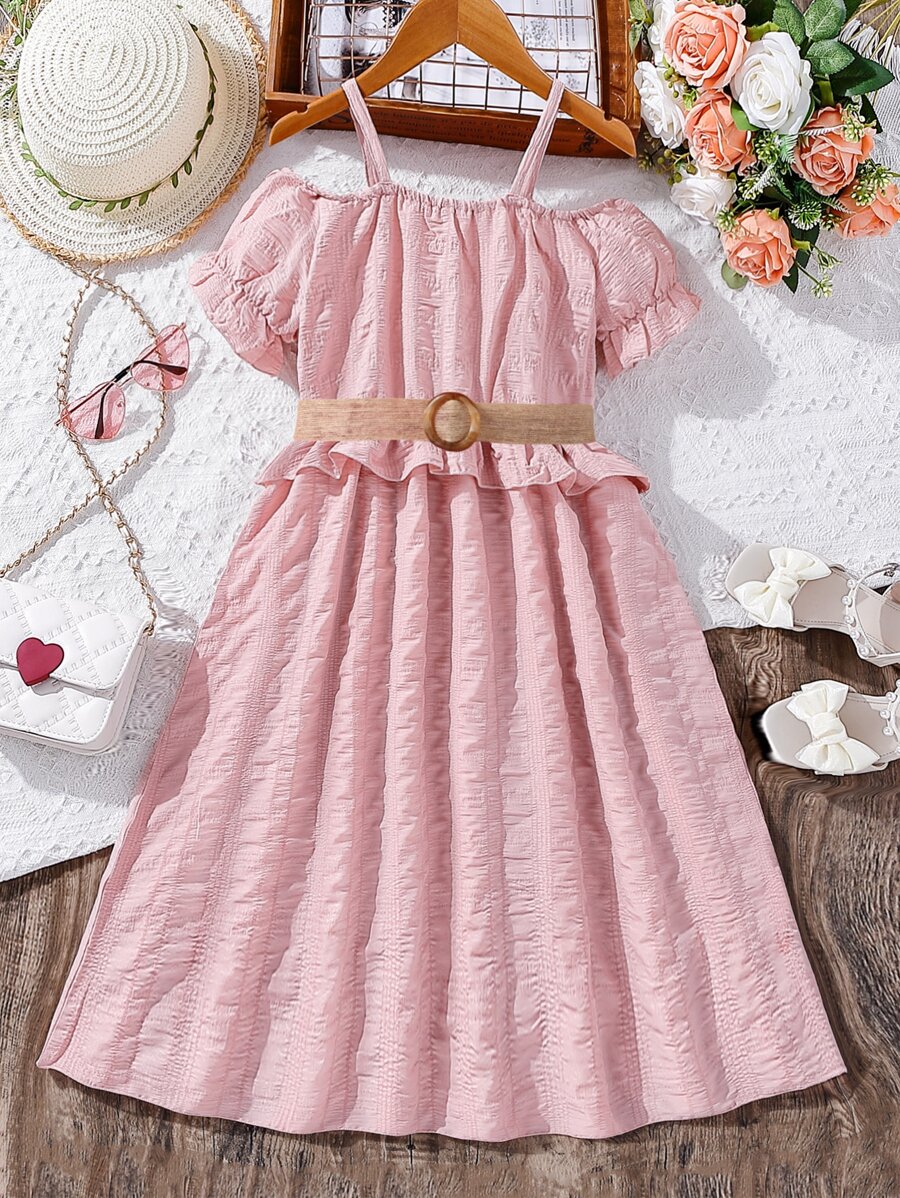 Chicas Vestido de hombros descubiertos ribete con fruncido de manga farol - Rosa vieja - Ver 1