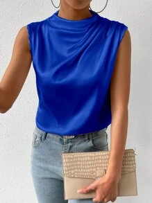 SHEIN Privé Blusa unicolor fruncido de satén - azul real - Ver 3