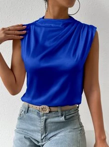 SHEIN Privé Blusa unicolor fruncido de satén - azul real - Ver 4