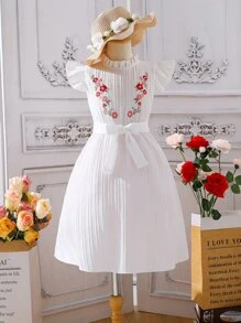 Chicas Vestido con cinturón con bordado floral ribete con fruncido - Blanco - Ver 1