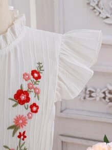 Chicas Vestido con cinturón con bordado floral ribete con fruncido - Blanco - Ver 3