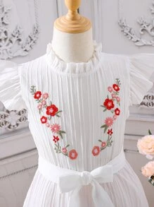Chicas Vestido con cinturón con bordado floral ribete con fruncido - Blanco - Ver 4