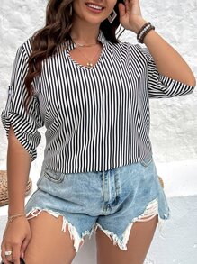 Calvaya 大碼條紋印花缺口領襯衫 - 黑與白 - 查看 3