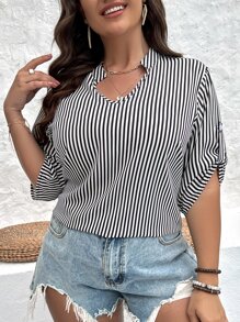 Calvaya 大碼條紋印花缺口領襯衫 - 黑與白 - 查看 4