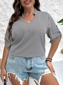 Calvaya 大碼條紋印花缺口領襯衫 - 黑與白 - 查看 5