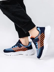 Boys Striped Pattern Hook-and-loop Fastener Strap Chunky Sneakers, Lace-up Design Sneakers - Multicolor - View 2