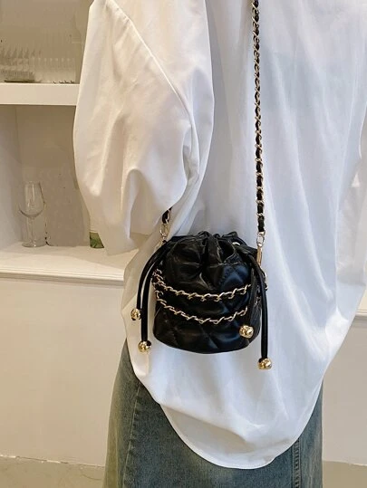Minimalist Diamond Lattice Pattern PU Leather Drawstring Bucket Bag With Chain Strap, Commuting Style Shoulder Bag For Women