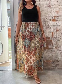 Breezaya Vestido sin manga con estampado de retazo - Multicolor - Ver 3