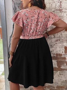 SHEIN LUNE Plus Floral Print Butterfly Sleeve Dress - Multicolor - View 3