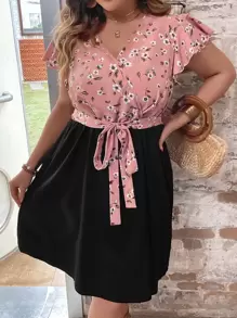 SHEIN LUNE Plus Floral Print Butterfly Sleeve Dress - Multicolor - View 2