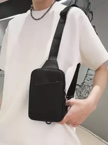 peach tree 时尚简约纯色可调节肩带拉链开合多功能防水牛津布单肩胸包，小方形斜挎包，男士斜挎包，桃树圣诞男士包度假旅行必备品爸爸礼物黑色包节日必备品腰包夏季返校运动生活夏季包春假包腰带包腰包 - 黑色 - 查看 3