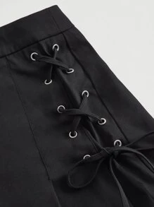 SHEIN MOD 纯色系带侧褶下摆半身裙 - 黑色 - 查看 3