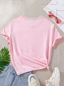 女孩柔軟純棉街頭時尚粉色汽車印花基本款圓領短袖T恤 - 粉色 - 查看 2