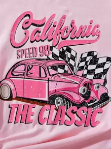 女孩柔軟純棉街頭時尚粉色汽車印花基本款圓領短袖T恤 - 粉色 - 查看 4