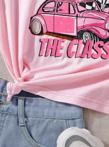 女孩柔軟純棉街頭時尚粉色汽車印花基本款圓領短袖T恤 - 粉色 - 查看 6