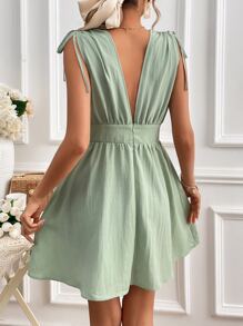 SHEIN Frenchy Solid Knot Shoulder Ruched Waist A-Line Dress Summer Green Casual Christmas - Mint Green - View 5