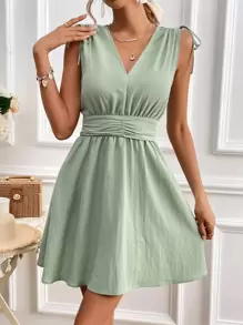 SHEIN Frenchy Solid Knot Shoulder Ruched Waist A-Line Dress Summer Green Casual Christmas - Mint Green - View 1