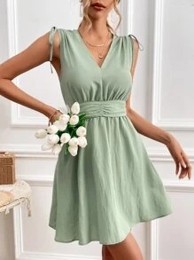 SHEIN Frenchy Solid Knot Shoulder Ruched Waist A-Line Dress Summer Green Casual Christmas - Mint Green - View 4