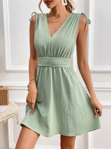 SHEIN Frenchy Solid Knot Shoulder Ruched Waist A-Line Dress Summer Green Casual Christmas - Mint Green - View 3