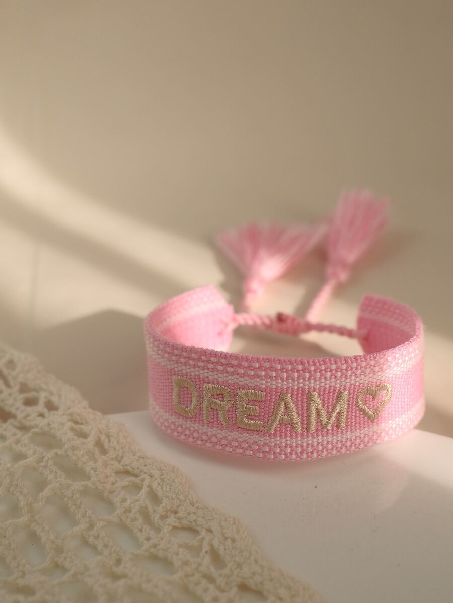 Letter Embroidered Tassel Decor Bracelet - Baby Pink - View 1