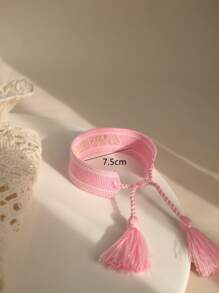 Letter Embroidered Tassel Decor Bracelet - Baby Pink - View 5