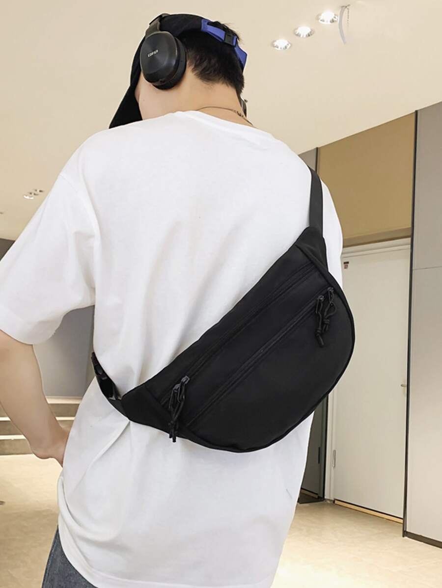 Men Zip Front Bum Bag - Black - View 1