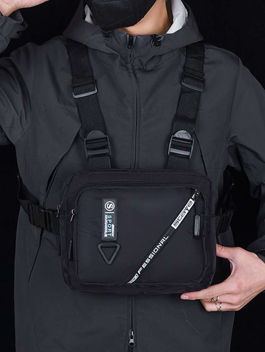 deportivo Bolso de aparejo de pecho con patrón de letra Cangurera para Hombres - Negro - Ver 1