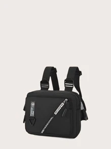 deportivo Bolso de aparejo de pecho con patrón de letra Cangurera para Hombres - Negro - Ver 2